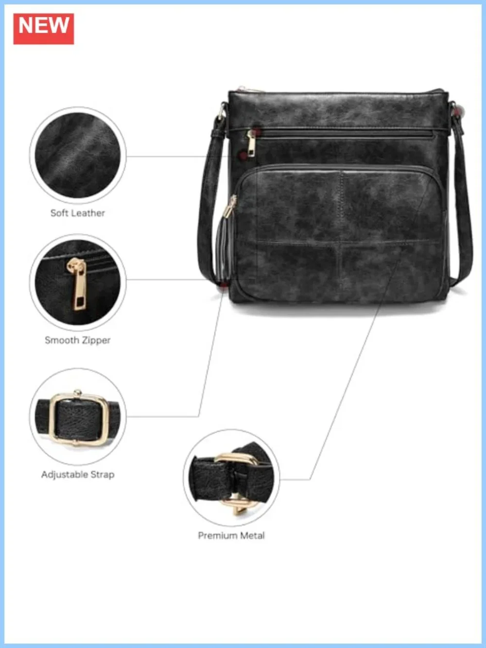 Vintage PU Leather Crossbody Purse with Zipper, Women's Medium Shoulder Bag